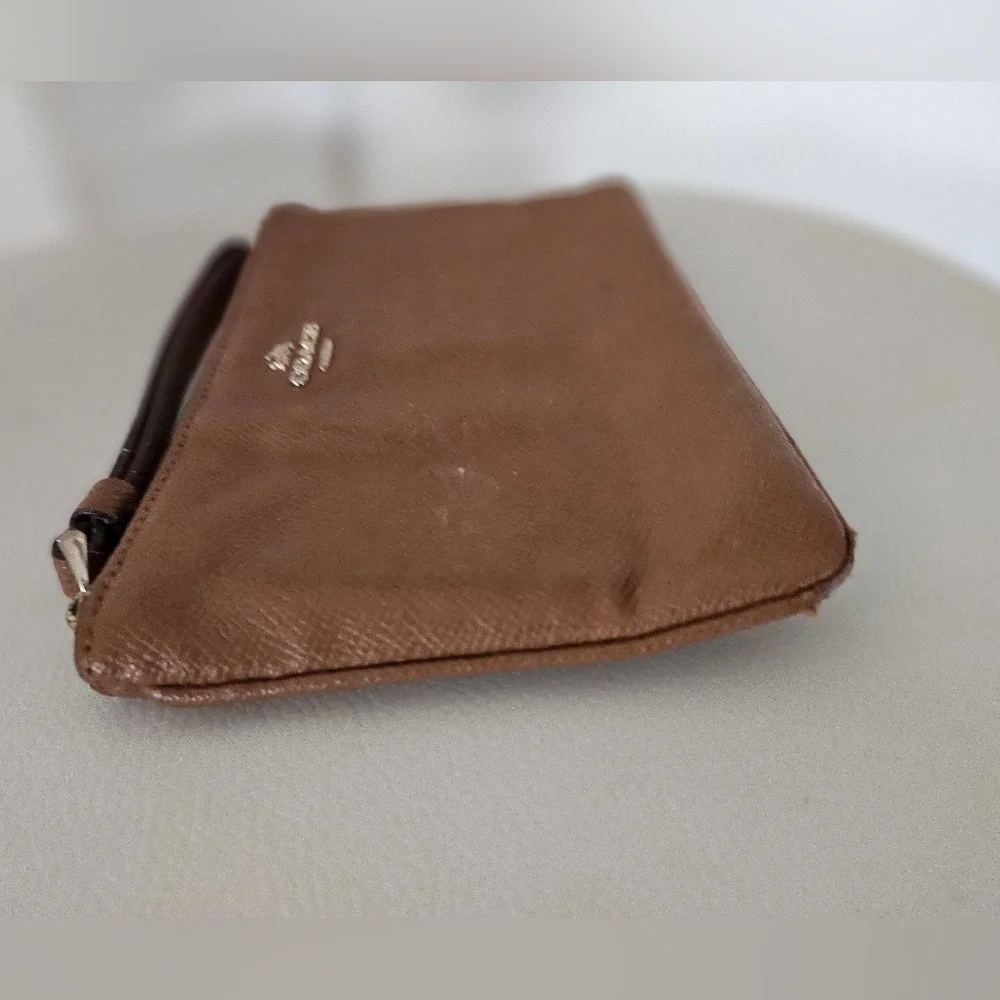 Coach Brown Saffiano Leather Wristlet Zip Pouch Gold Logo Strap.